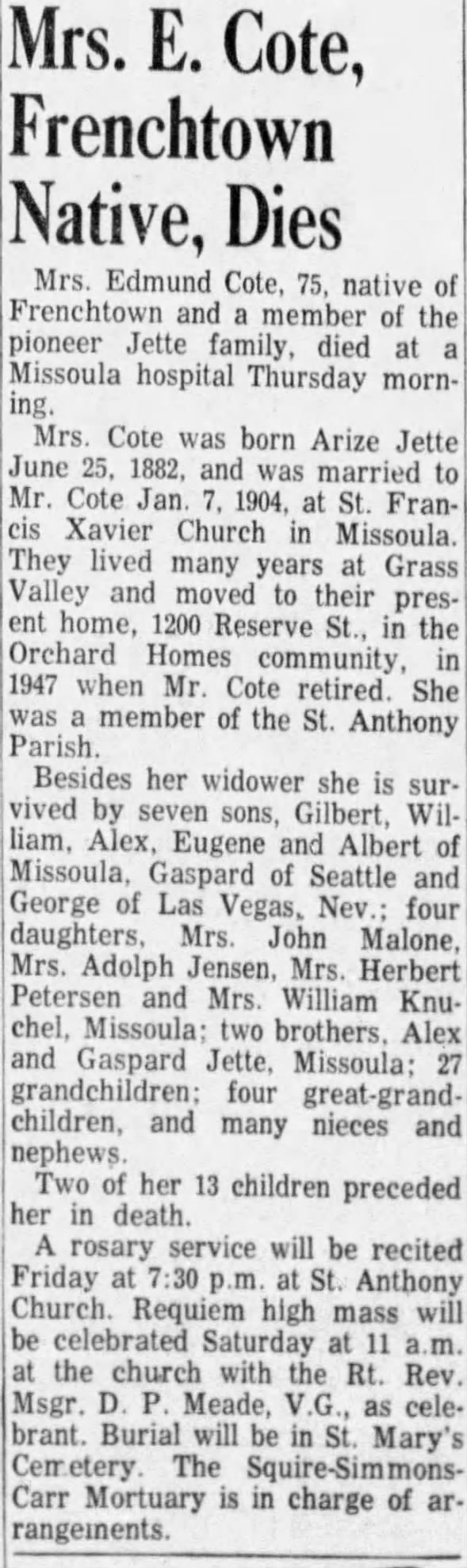 Obituary for E. Cote (Aged 75)